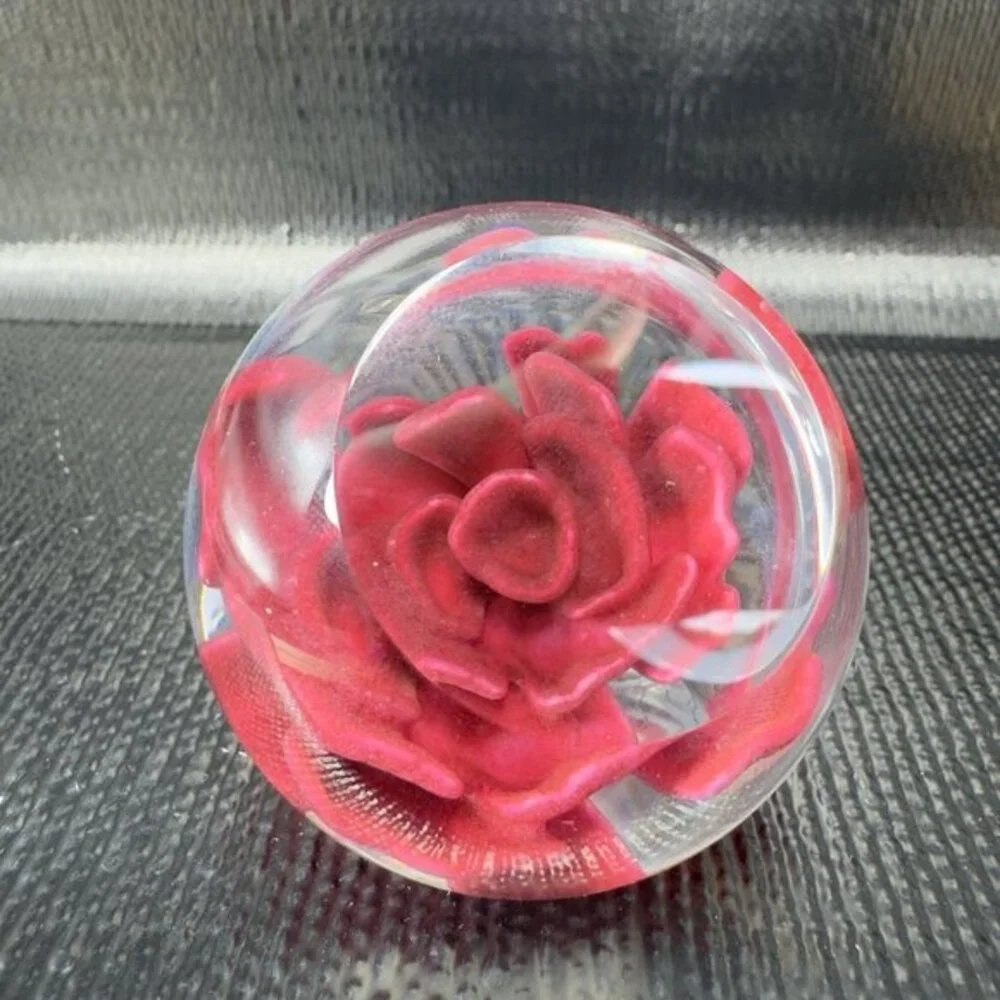 1995 GES Glass Paperweight Red Rose Flower Faceted Signed Don Juan Vintage Decor